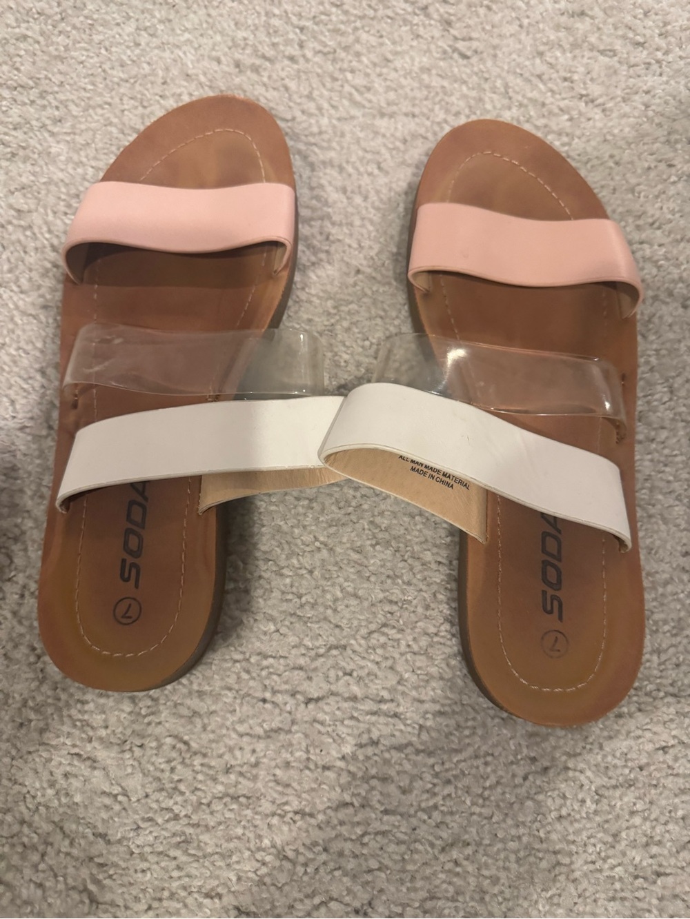 Soda Two-Strap Slide Sandals in Pink, White & Clear